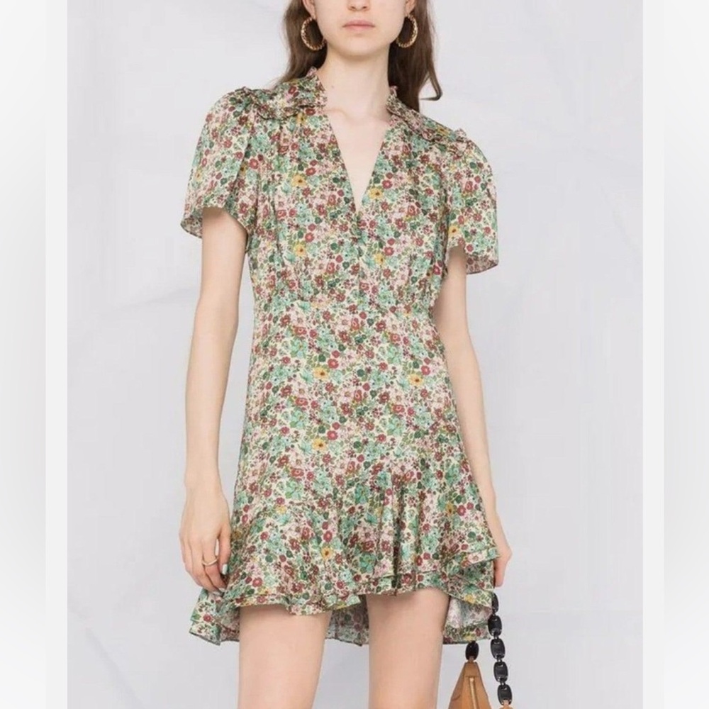 Sandro Floral Green Asymmetric Ruffle Mini Dress size 36